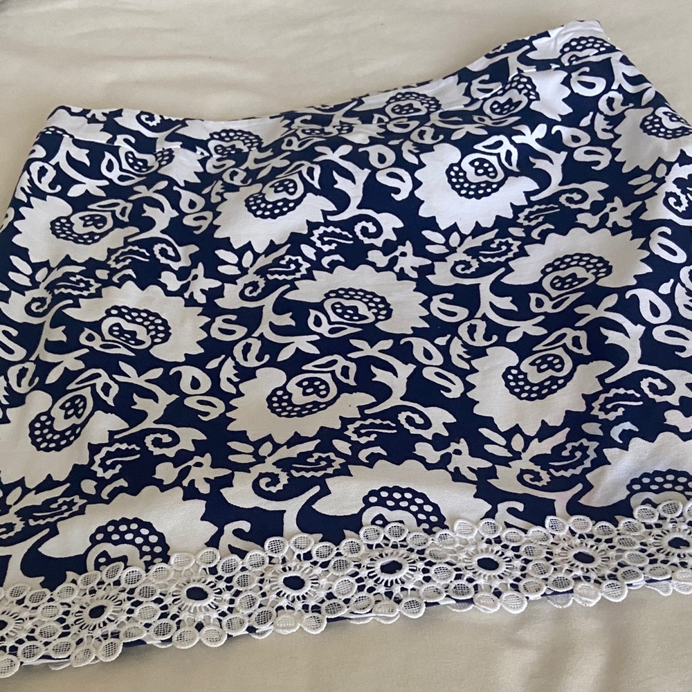 Talbots Navy and White Floral Lace-Trim Mini Skirt